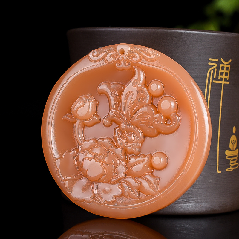 青峰玉业新疆和田羊脂玉且末糖料圆雕牡丹蝴蝶挂件蝶花玉牌子玉石