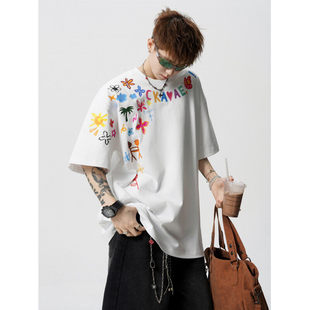 高级感短袖 潮牌高街痞帅青少年生情侣半袖 t恤男士 款 体恤 夏季 美式