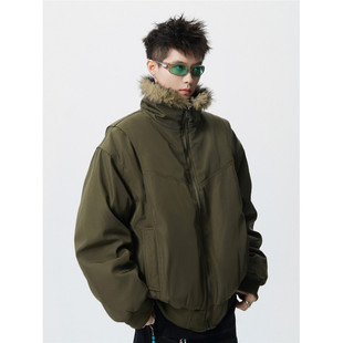 潮牌痞帅短款 冬季 加厚座山雕棉衣袄外套 高级感毛领羽绒服男士 美式