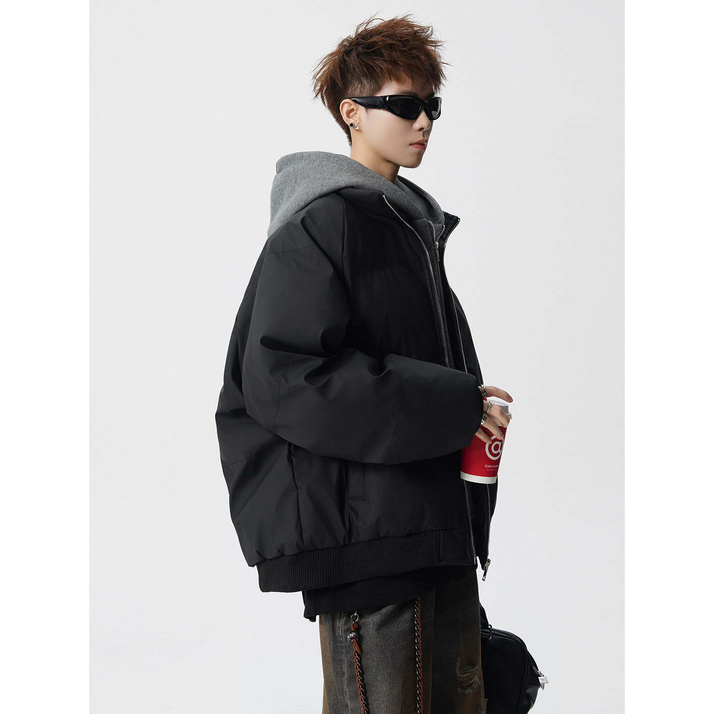 美式假两件PU皮羽绒服男士冬季潮牌青少年男生短款加厚棉衣袄外套