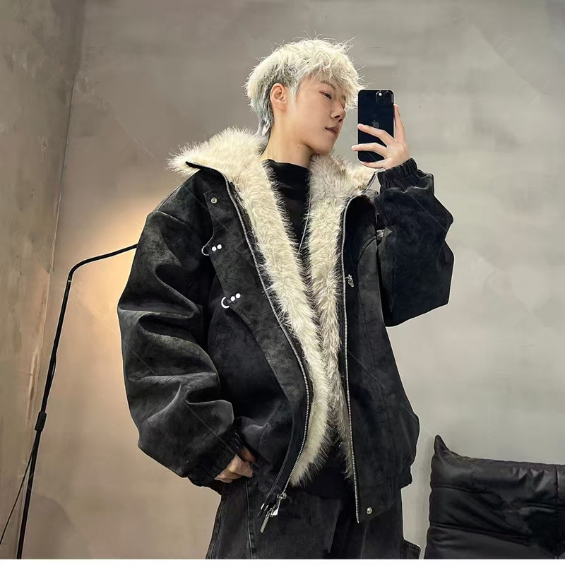 美式飞机扣PU皮毛领羽绒服男士冬季青少年短款加厚座山雕棉衣外套