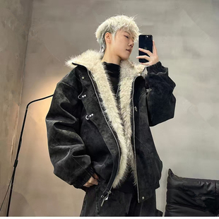 美式飞机扣PU皮毛领羽绒服男士冬季青少年短款加厚座山雕棉衣外套