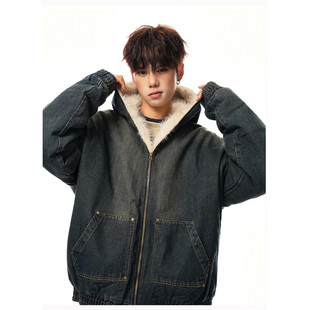 青少年痞帅加厚短款 冬季 座山雕棉衣袄外套 牛仔毛领羽绒服男士 美式