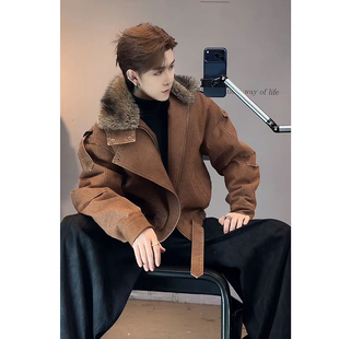 美式复古高级感毛领牛仔羽绒服男士冬季短款痞帅座山雕棉衣袄外套