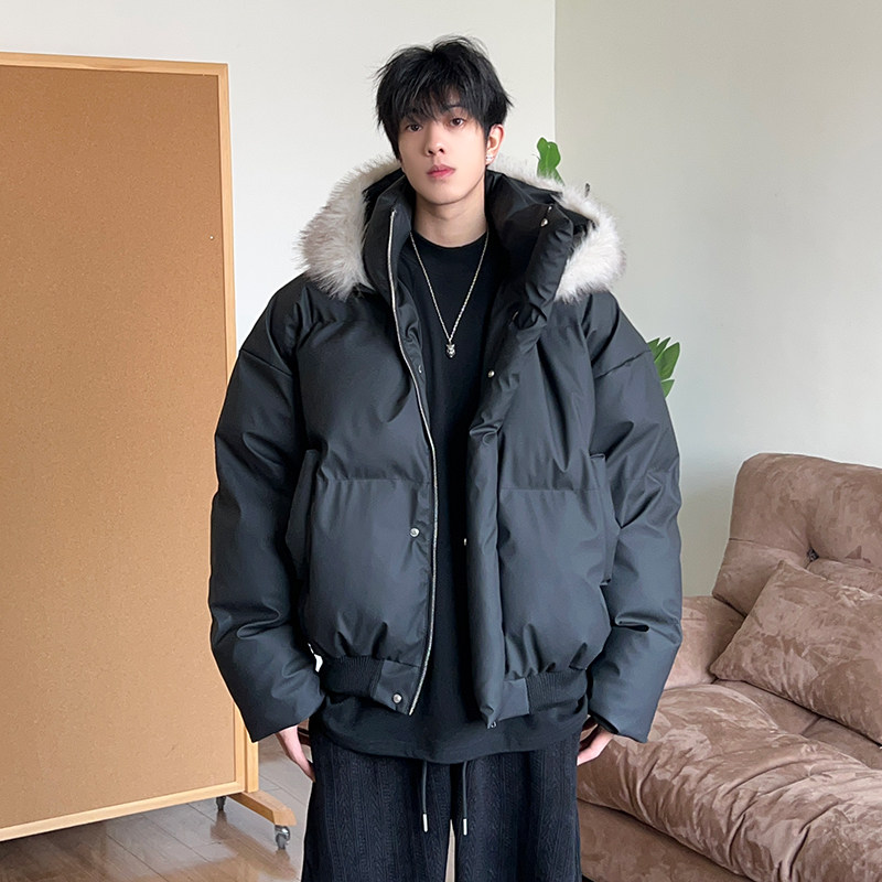 美式毛领PU皮羽绒服男士冬季潮牌帅气青少年生短款加厚棉衣袄外套