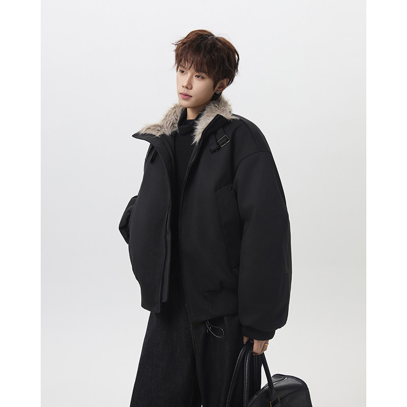 美式高级感毛领羽绒服男士冬季潮牌痞帅青少年短款加厚棉衣袄外套