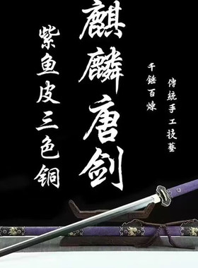 紫色鱼皮麒麟唐剑纯铜精雕手工锻打一体宝剑龙泉刀剑收藏剑未开刃