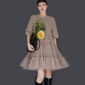 TEATREE24秋原创网纱拼接羊毛连衣裙A字裙宽松显瘦毛衣针织大摆裙