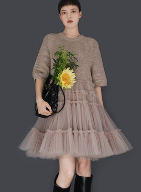 TEATREE24秋原创网纱拼接羊毛连衣裙A字裙宽松显瘦毛衣针织大摆裙