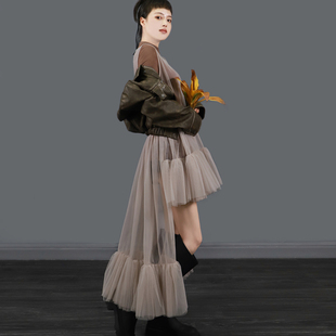 TEATREE 设计感长裙 不规则叠穿网纱连衣裙仙女裙外搭罩裙透视个性