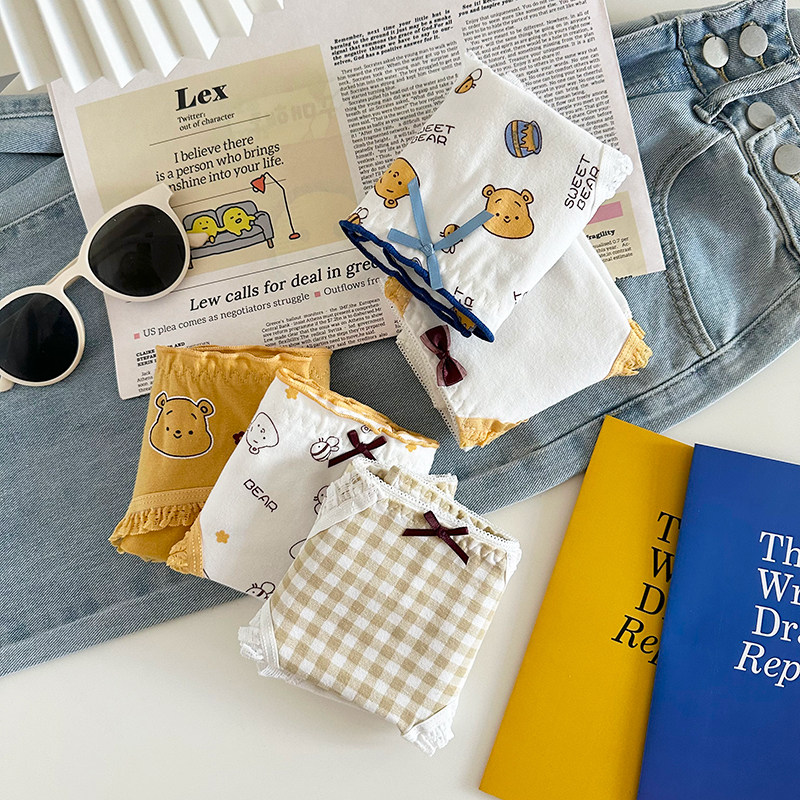 日系纯棉女士内裤中腰黄色卡通熊印花抗菌裆全棉女生可爱三角短裤,女士内衣/男士内衣/家居服,女三角裤,淘宝优惠券,粉丝福利购,淘宝优惠卷