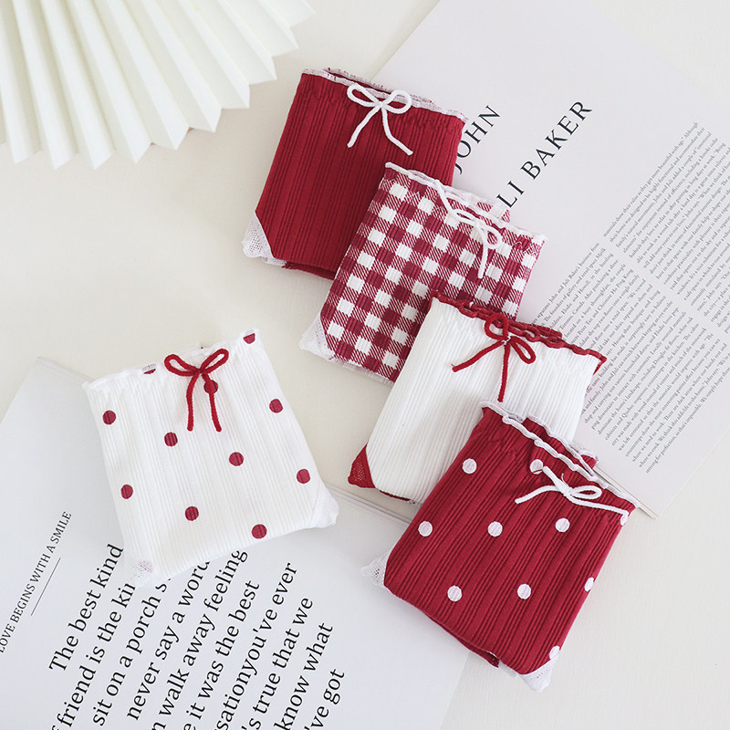 本命年内裤女全棉裆蕾丝边中腰圆点新年红色少女纯棉甜美三角短裤,女士内衣/男士内衣/家居服,女三角裤,淘宝优惠券,粉丝福利购,淘宝优惠卷