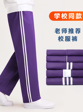 紫色校服裤子一条两道杠小学初高中生同款春秋冬季加绒厚男女儿童