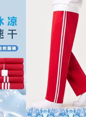 冰丝速干夏红色校服裤子小学初高中生同款春秋冬季加绒厚男女儿童