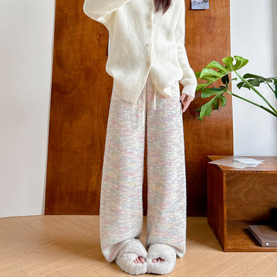 彩虹加绒糯米裤女冬季2025新款小个子直筒慵懒风针织羊羔绒阔腿裤
