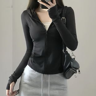 短外套上衣0325e 紧身瑜伽服户外V修身 黑色冰丝防晒衣女夏季 薄款