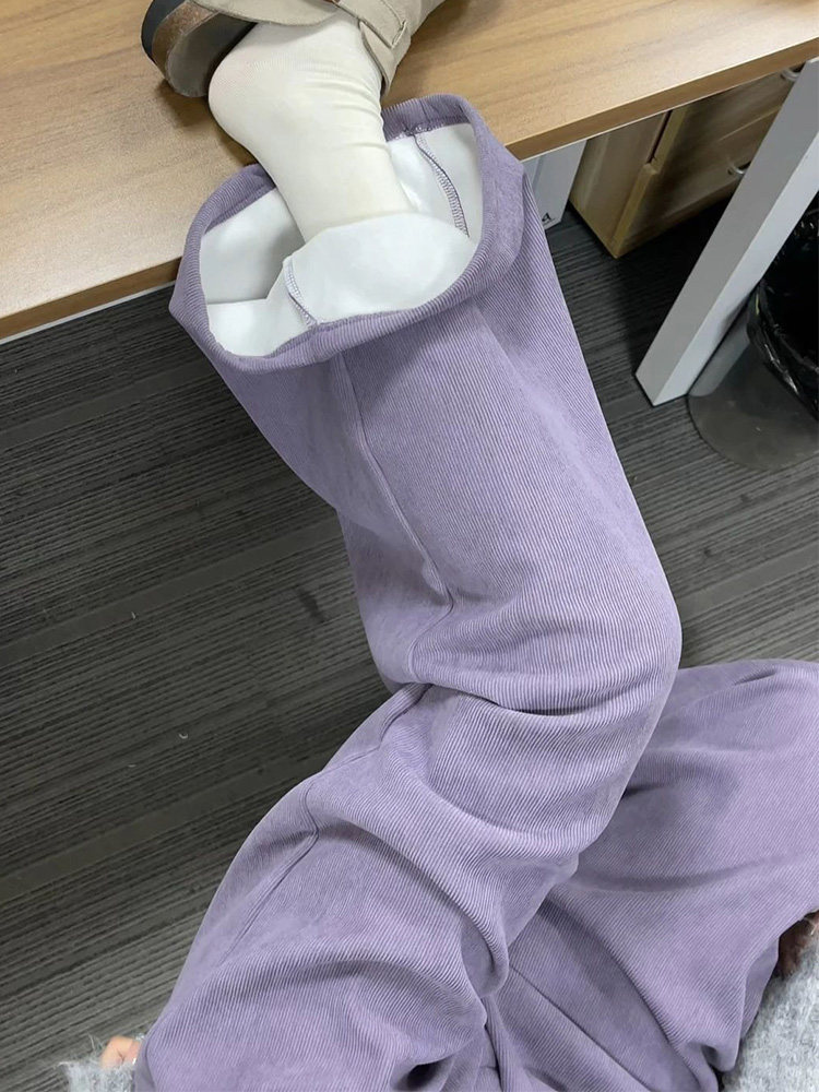 紫色灯芯绒阔腿裤女秋冬季2026新款高腰垂感加绒小个子西装直筒裤