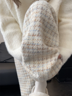 千鸟格阔腿裤女秋冬2024新款高腰慵懒休闲加绒羊毛绒白色格子裤子