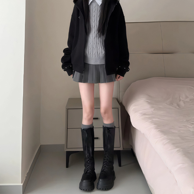 灰色毛呢半身裙女2025新款秋冬季高腰显瘦jk短裙小个子a字百褶裙