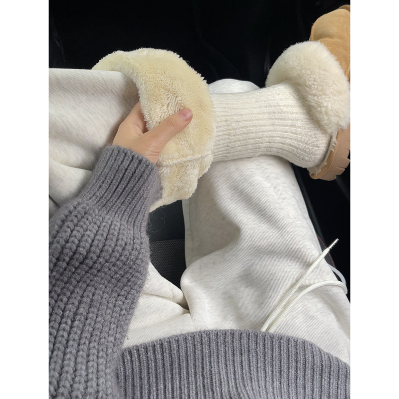 羊羔绒运动裤女秋冬季加绒保暖棉裤休闲阔腿裤小个子加厚白色卫裤