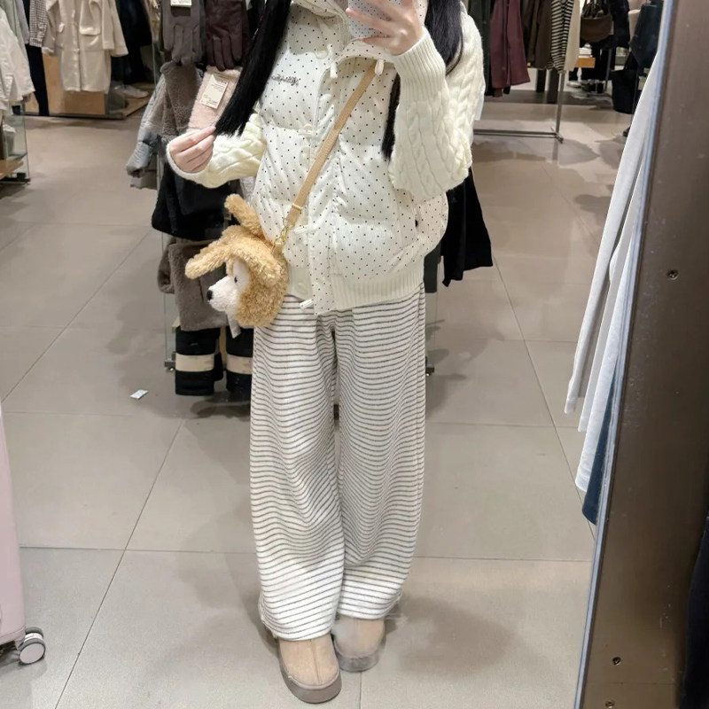 白色条纹阔腿裤女冬季2025新款韩里韩气裤子小个子加绒加厚糯米裤,女装/女士精品,休闲裤,淘宝优惠券,粉丝福利购,淘宝优惠卷