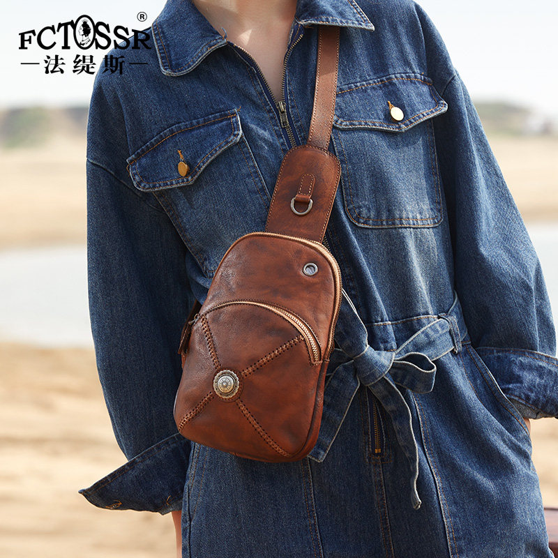 法缇斯新款原创复古真皮胸包男女个性休闲斜挎包手工头层牛皮包包