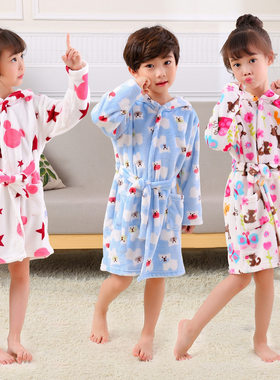 小孩女宝宝春秋季男童珊瑚绒浴袍