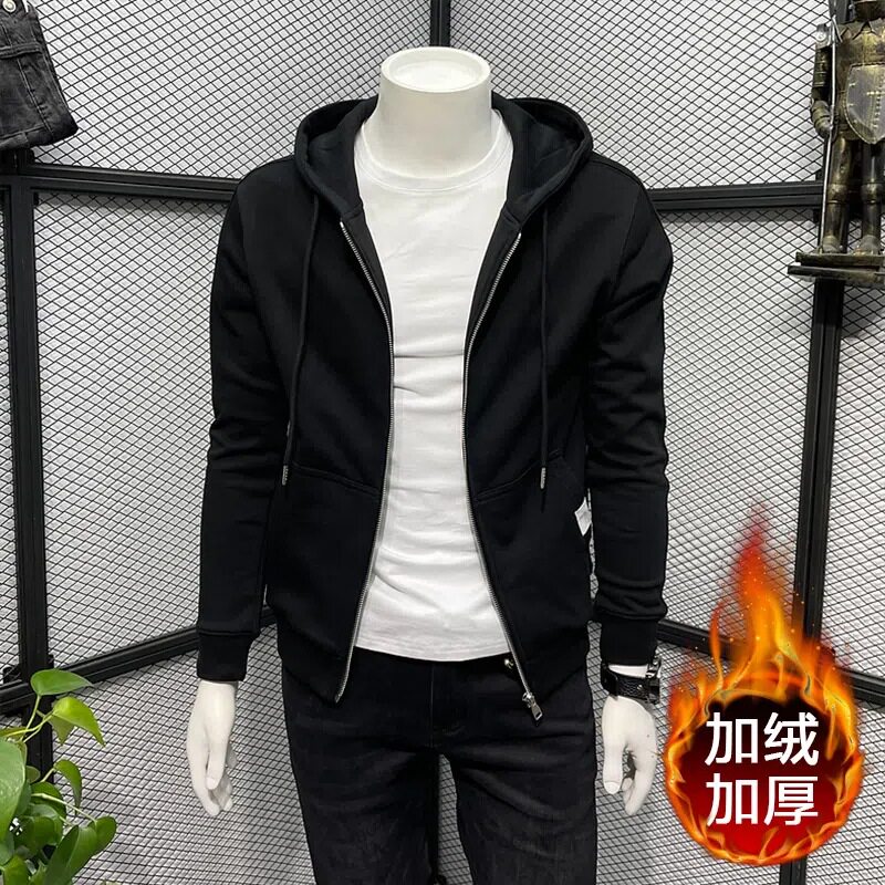 加绒连帽外套卫衣男秋冬拉链潮牌修身纯色高档上衣百搭休闲黑