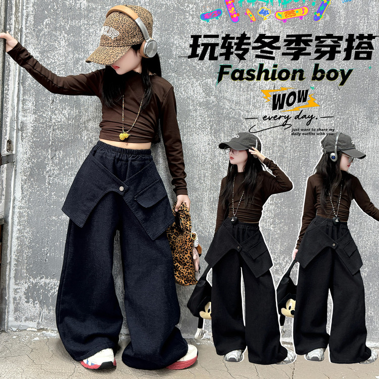 女童爵士舞套装jazz长袖宽松加绒牛仔裤街舞嘻哈表演服潮牌冬季