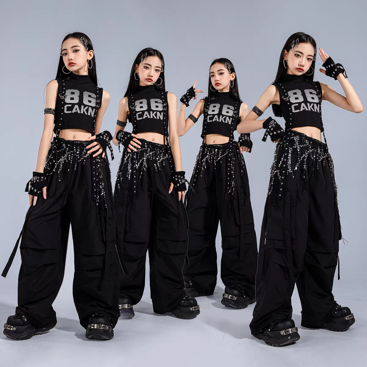 女童爵士舞服装中大童舞蹈演出服漏脐背心走秀套装儿童街舞表演服