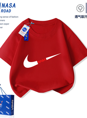 NASA红色男童短袖t恤夏季2025新款潮牌男孩半袖纯棉儿童运动上衣