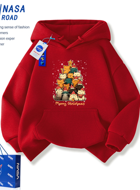 NASA猫咪女童红色冬季圣诞卫衣2025新款洋气男孩儿童帽衫加绒外套