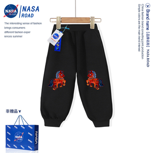 NASA儿童加绒裤子男童女童新中式冬装过新年马年创意长裤休闲卫裤