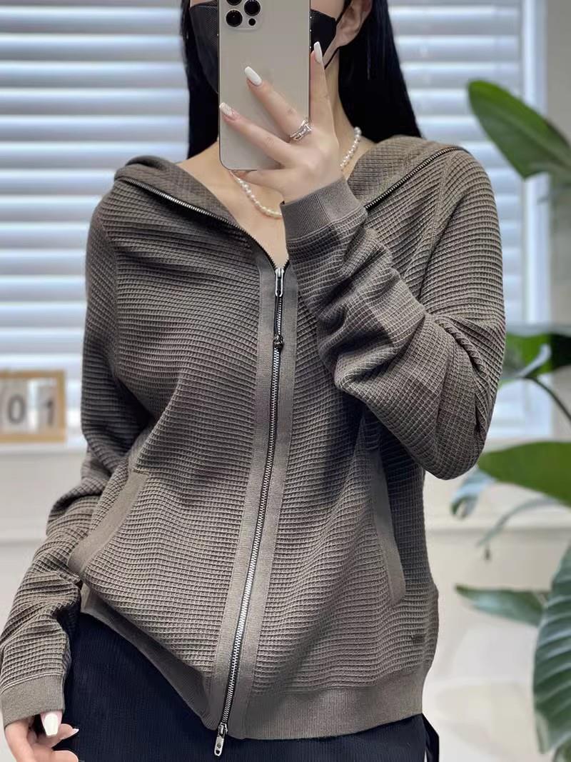 多多欧洲站2023早秋新款女欧货纯色连帽压格绵羊毛长袖针织开衫