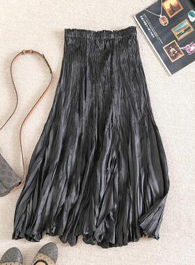 日系仙气重工褶皱黑色长裙纯色高腰不规则下摆半身裙夏[F5201]