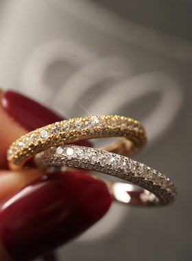 SHAW小众925纯银镀18K金三面立体精工微镶排钻戒指婚戒尾戒女