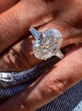 SHAW进口925国际标准银椭圆钻经典克拉复古戒指环女礼物