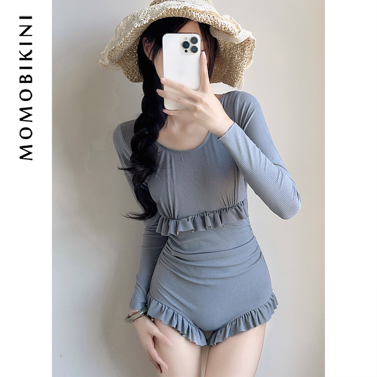 韩系性感长袖小胸连体泳衣女显瘦