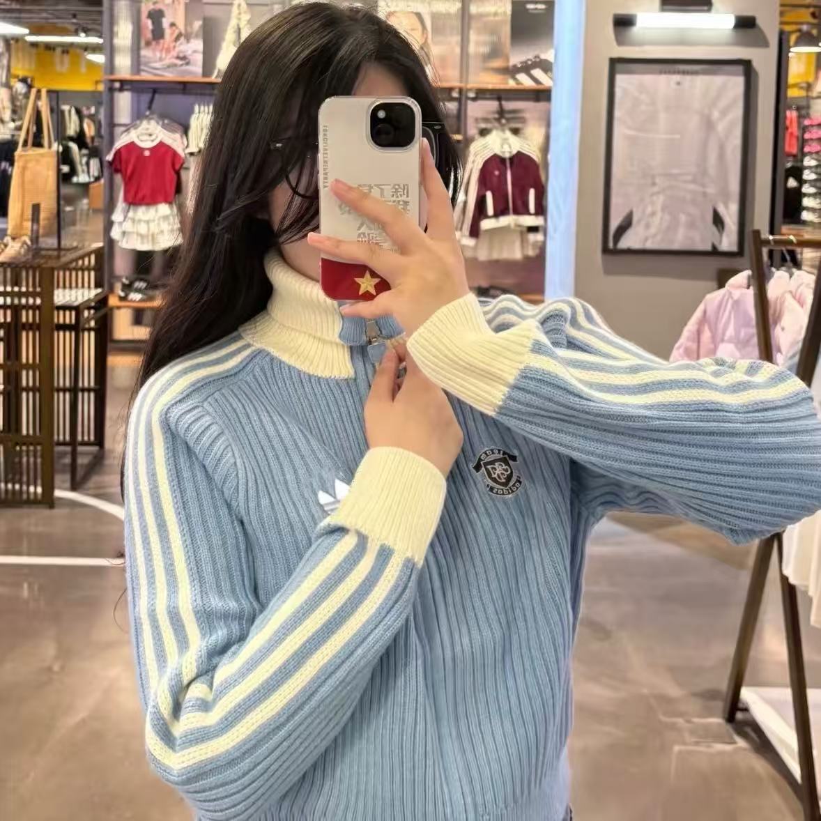 宋雨琦同款拉链针织衫女子开衫毛衣修身三条杠运动休闲外套KF0719