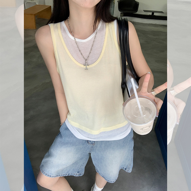 【米澜时装】韩系穿搭撞色假两件吊带背心女2025夏季新款外穿休闲