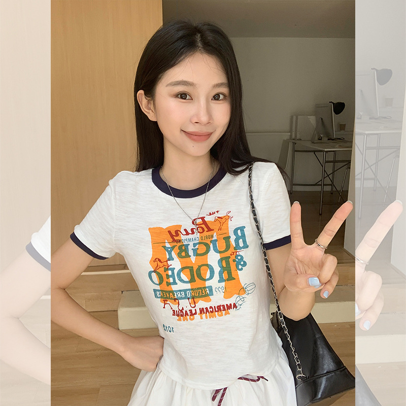 【米澜时装】白色圆领微宽松短袖t恤女2025夏季新款撞色印花休闲