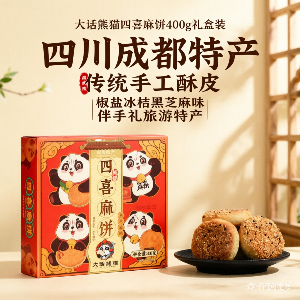 大话熊猫麻饼礼盒四川特产传统酥皮芝麻饼椒盐冰桔黑芝麻味伴手礼