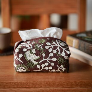 文手作 棉麻刺绣纸巾盒布艺纸巾袋咖啡色家用精致生活抽纸纸巾袋