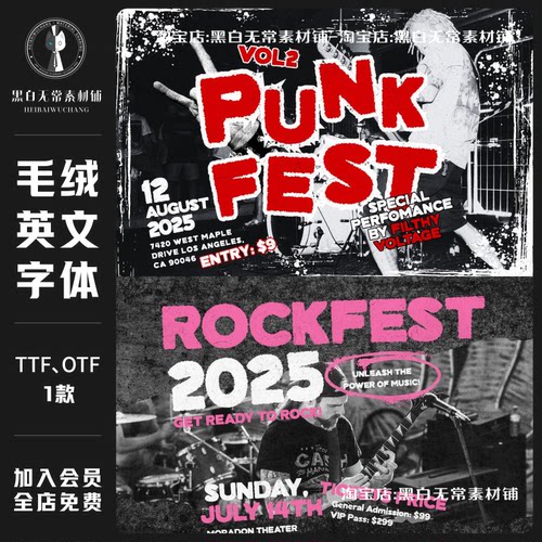时尚朋克风品牌海报设计徽标logo标题毛绒无衬线英文字体安装素材