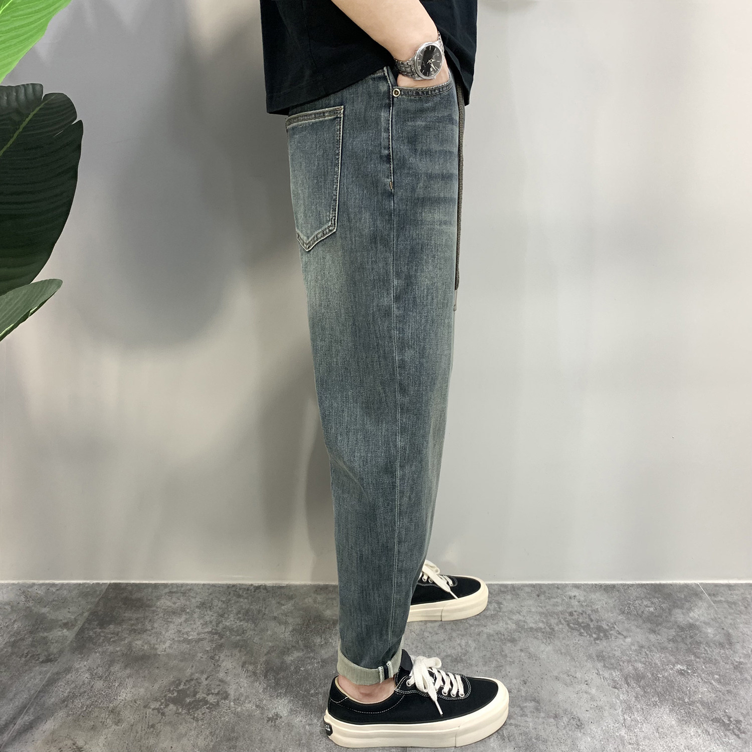 美式休闲宽松锥形哈伦牛仔裤男士高品质松紧腰潮牌青年小脚老爹裤