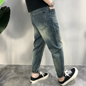 百搭潮流刺绣裤 2026新款 小脚裤 复古蓝色内涂鸦锥型修身 子 男牛仔裤