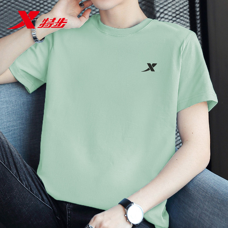 特步短袖t恤男款夏季新款纯棉上衣宽松圆领休闲透气半袖运动体恤