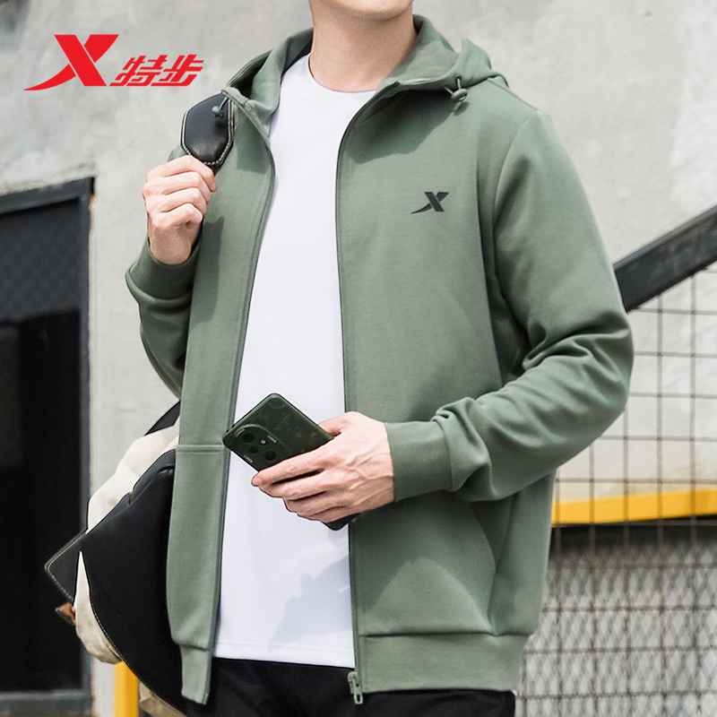 特步连帽卫衣男装秋季男士绿色开衫拉链运动服外套休闲跑步服上衣