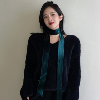 雪林鹿丝绒缎面细窄长条丝巾春秋