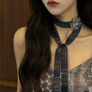 布艺网纱花朵系脖丝巾项链女时尚小众设计choker颈圈轻奢气质配饰